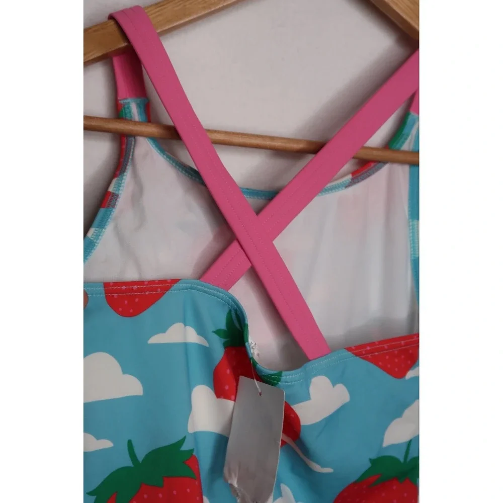 Mini‎ Boden Girls Strawberry Swimsuit 9-10Y Blue Cross Back One Piece Resort NWT